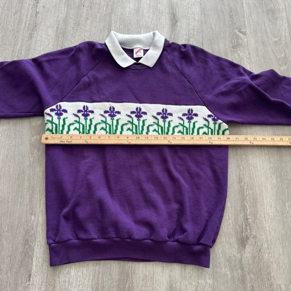 Vintage Purple Iris Floral Collar Sweatshirt XL Made in USA Cottagecore Granny - Picture 5 of 5